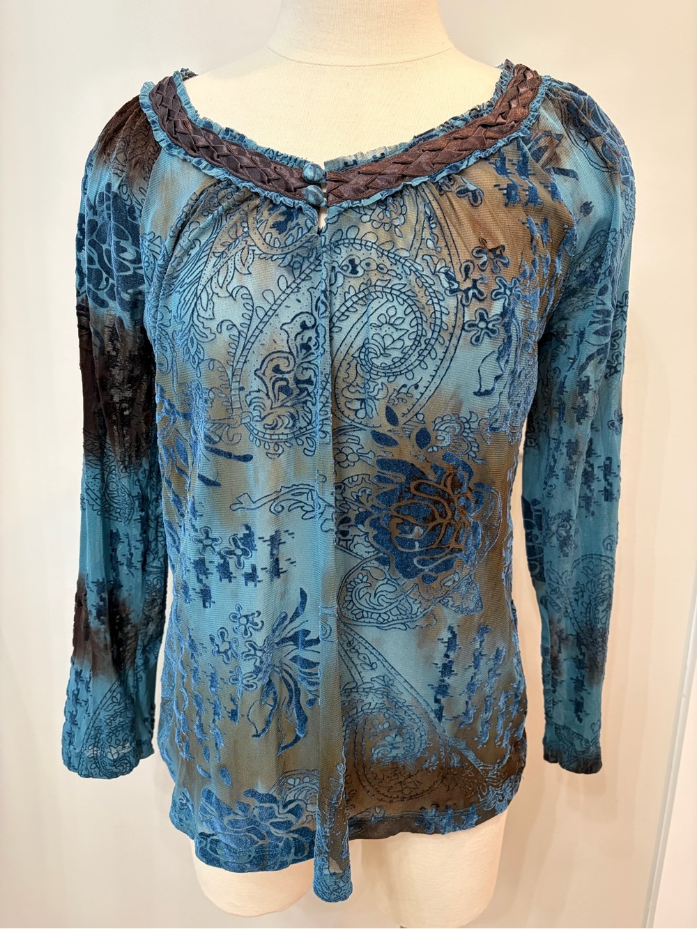 Vintage Y2K Forest Fairy Teal and Brown Sheer Burnout Velvet Mesh Blouse 14/16